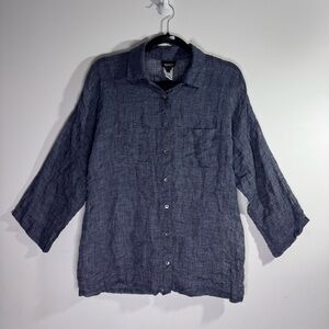 Worth New York Linen Blend Button Front Shirt Blue 3/4 Sleeve Blouse M